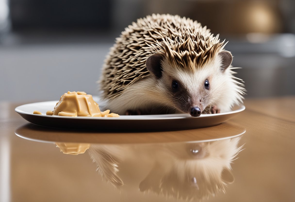 A hedgehog stands near a small dish of peanut butter, sniffing cautiously