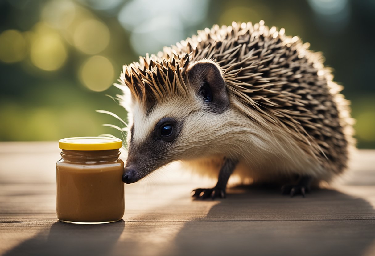 A jar of peanut butter sits next to a curious hedgehog, sniffing the contents with interest