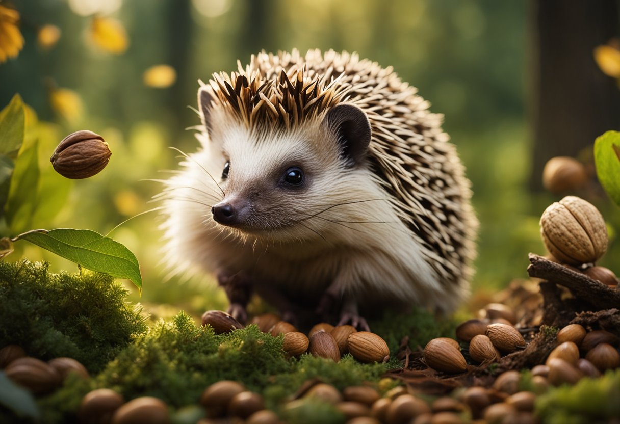 A hedgehog sits in a forest clearing, surrounded by various nuts and seeds. It eagerly nibbles on a spoonful of peanut butter, its quills standing on end with excitement