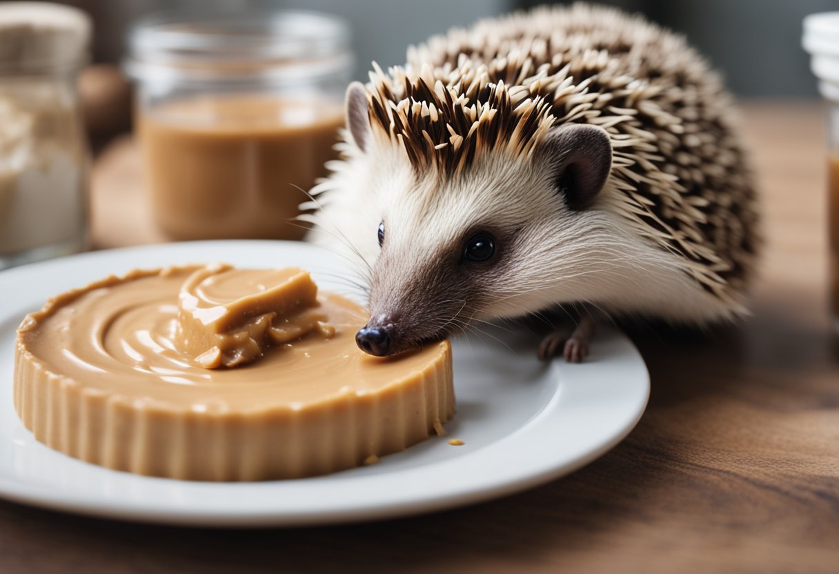 A hedgehog investigates a dollop of peanut butter on a plate