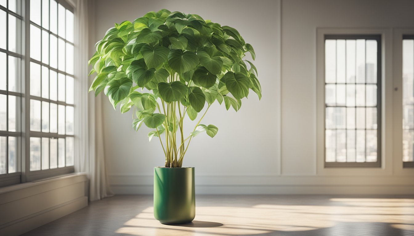 Lush green umbrella plant stands tall in a sunlit room, its broad leaves unfurling gracefully towards the light