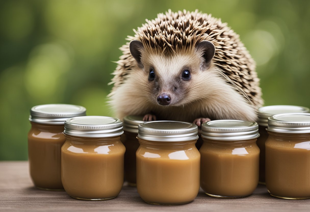 A hedgehog sits inquisitively, surrounded by jars of peanut butter, with a question mark hovering above its head