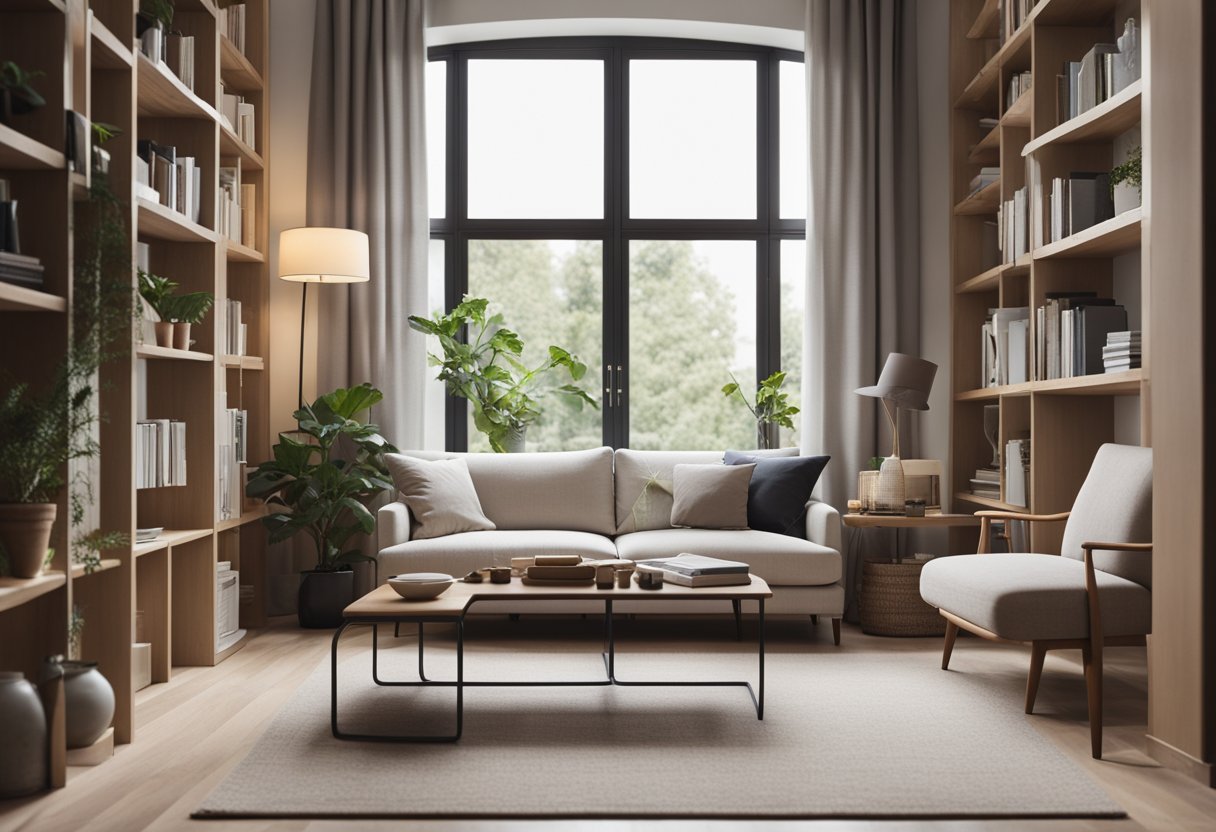 A cozy living room with a compact sofa, small coffee table, and minimal decor. A large window lets in natural light, and a small bookshelf sits against one wall