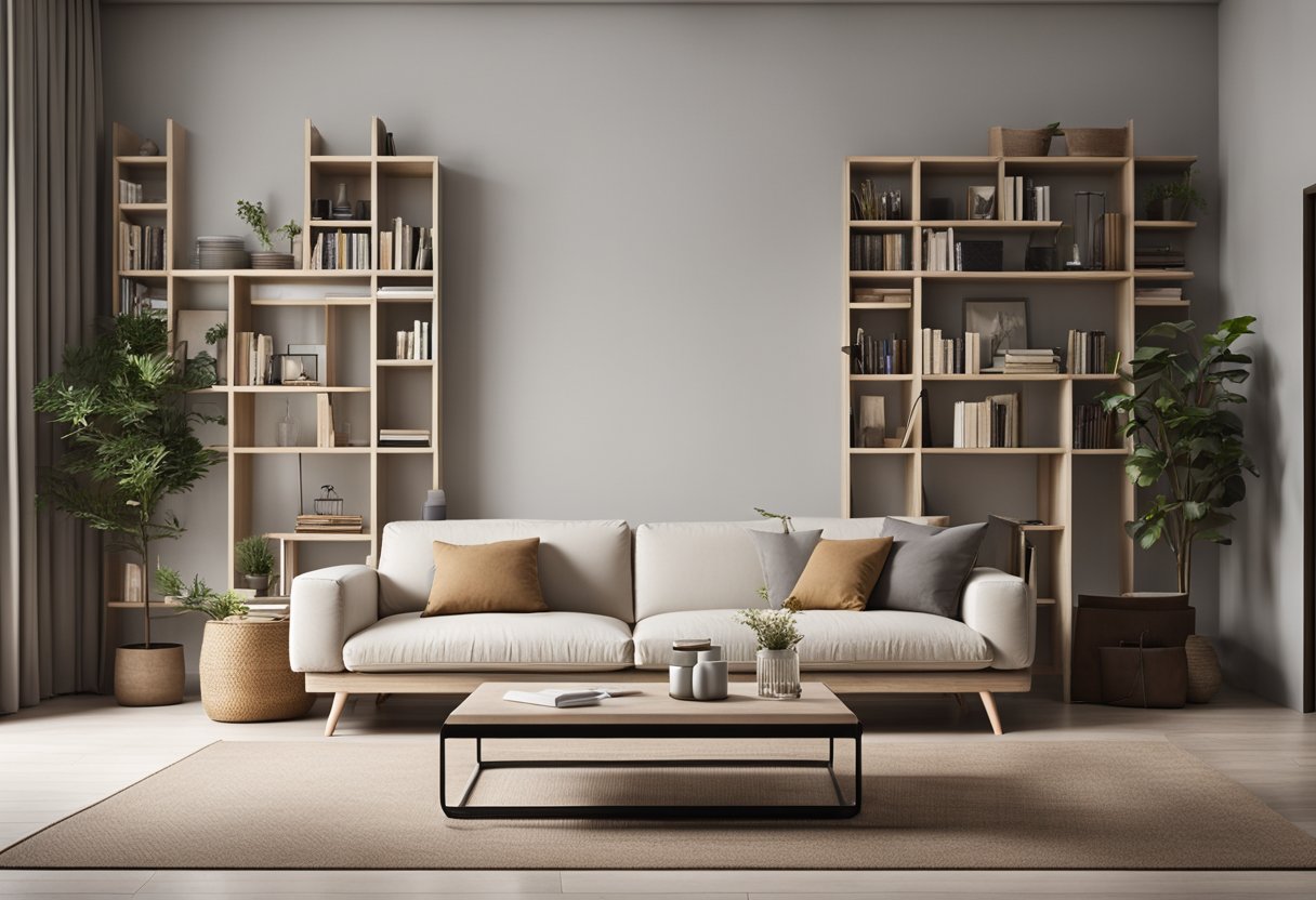 A small living room with a sofa bed, foldable coffee table, and wall-mounted shelves for books and decor. Minimalist design with neutral colors and natural light