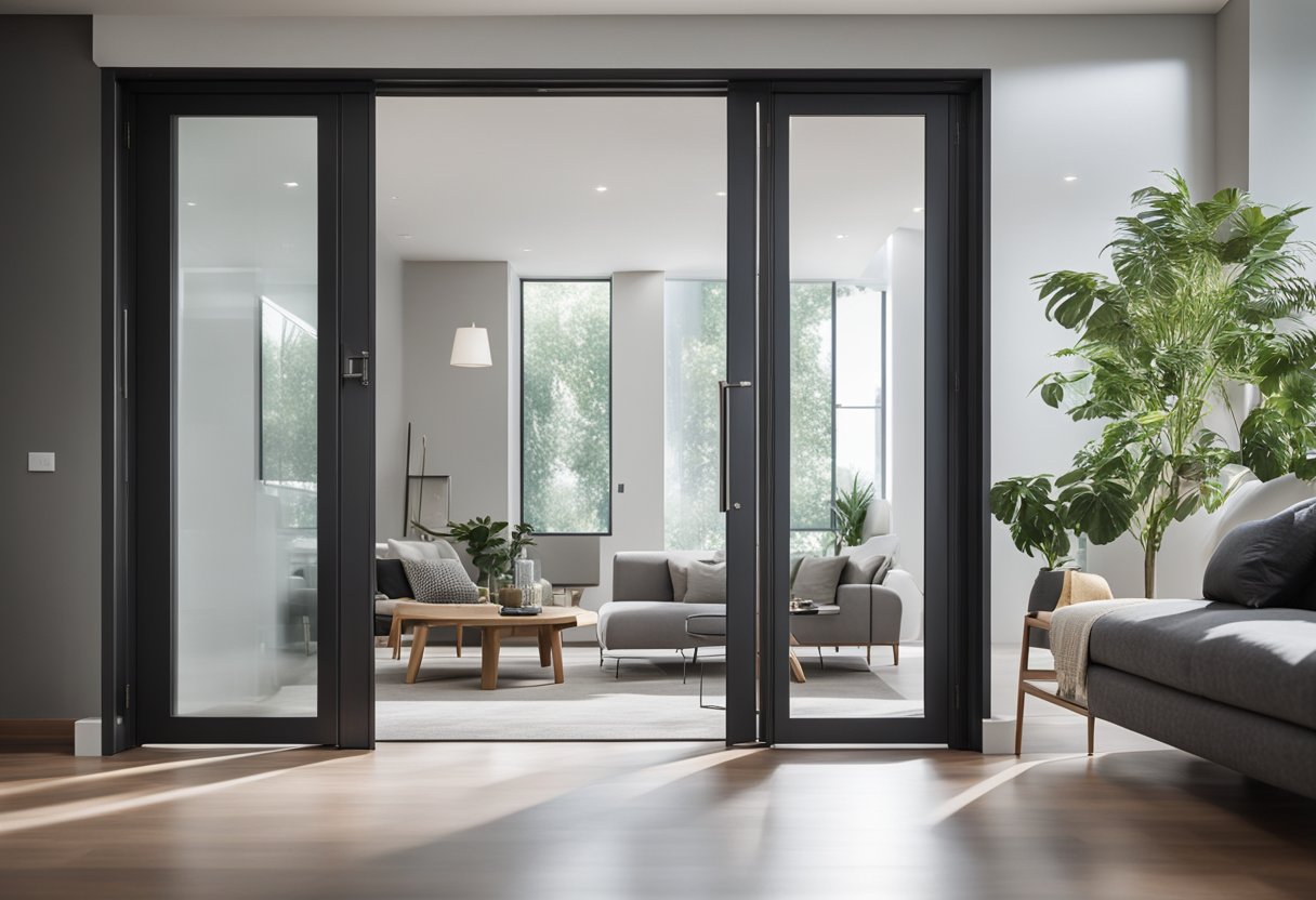 A sleek aluminium door stands in a modern living room, with clean lines and a minimalist design