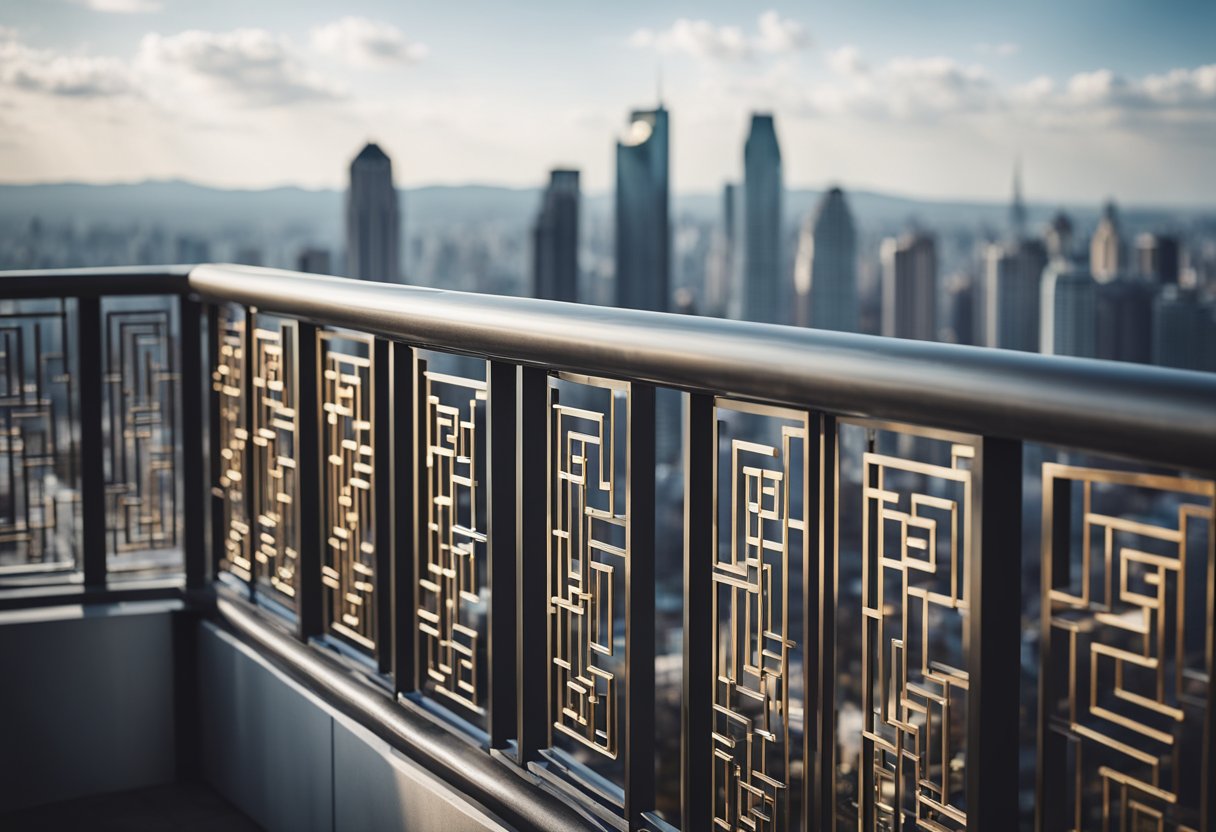 A sleek, modern metal railing with geometric patterns, overlooking a city skyline from a high-rise balcony