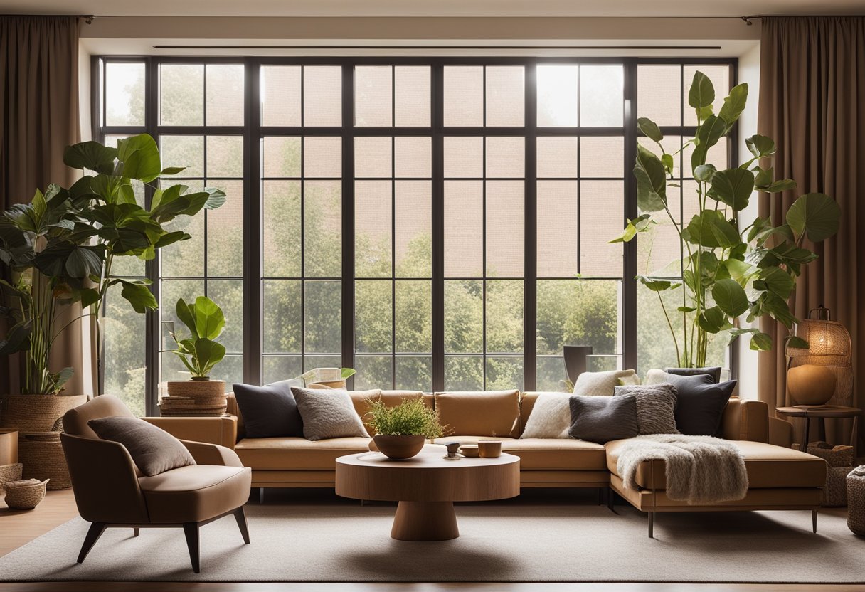 A cozy living room with warm, earthy tones and soft, natural light streaming in through a large window, casting a welcoming glow over the simple, space-saving furniture arrangement