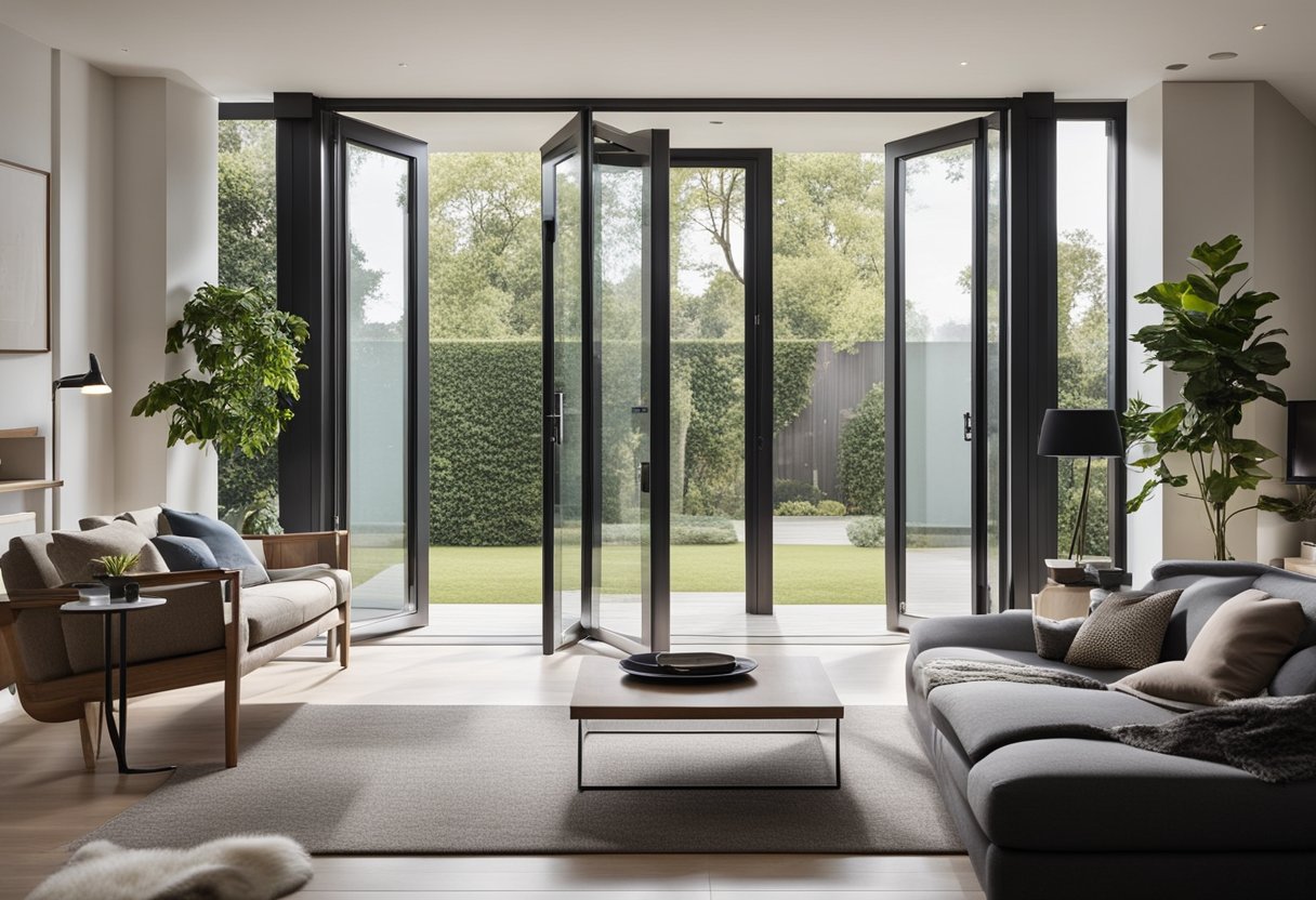 A modern, sleek aluminium door stands open in a well-lit living room, showcasing its functionality and durability