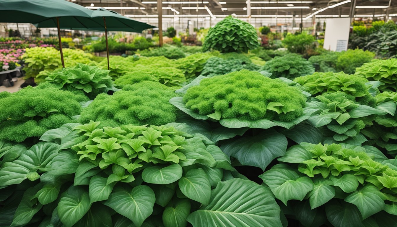 Lush, green umbrella plants of different sizes and shapes fill the garden center, creating a vibrant display of variety and selection