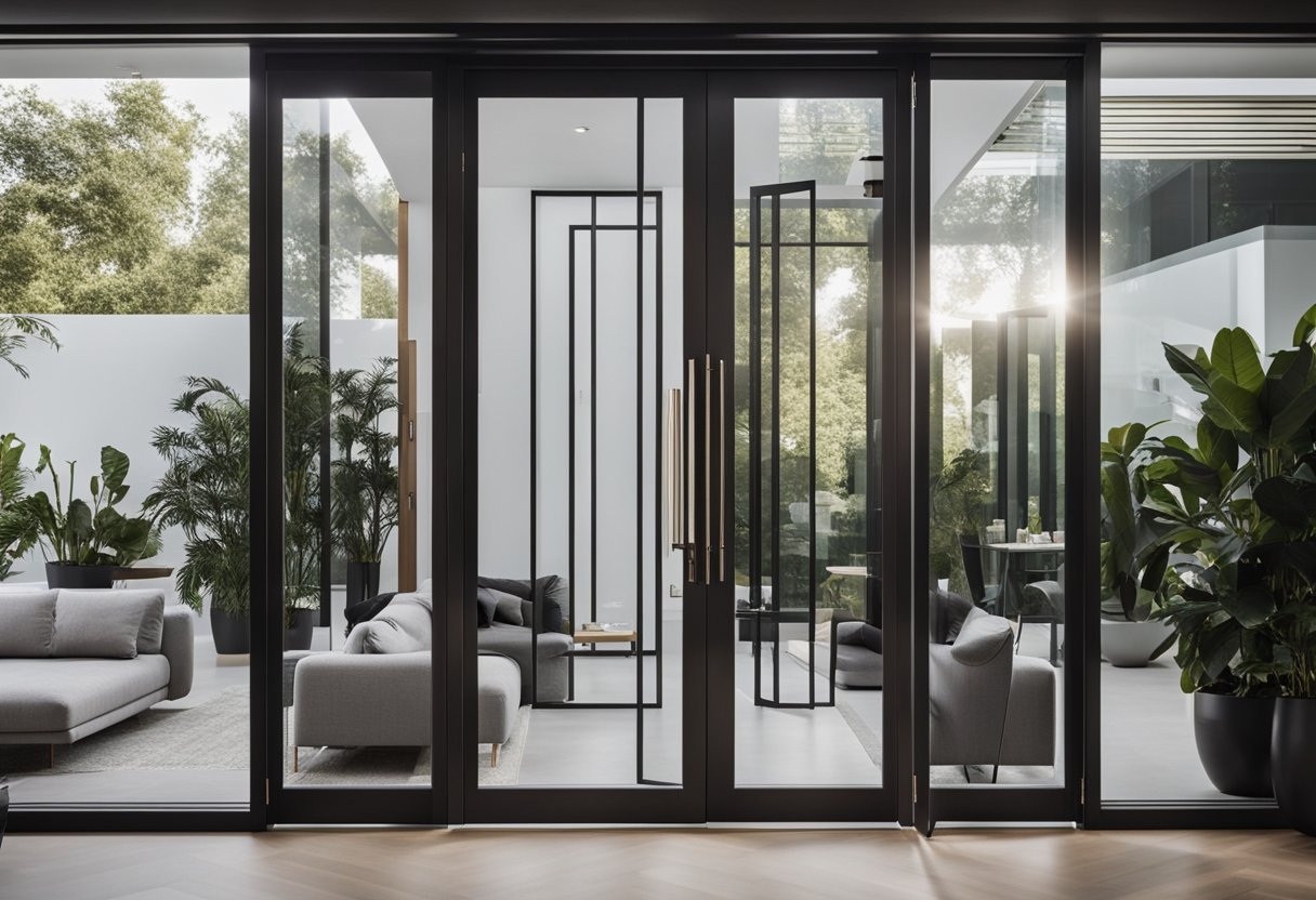 A modern aluminium door stands open in a stylish living room, with clean lines and sleek design, inviting curiosity and exploration