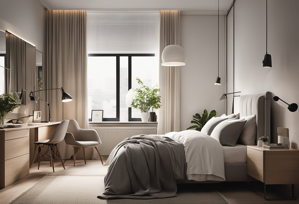 A cozy bedroom with modern furniture, soft lighting, and a neutral color palette. A large bed with crisp white linens, a sleek wardrobe, and a stylish desk area with functional storage