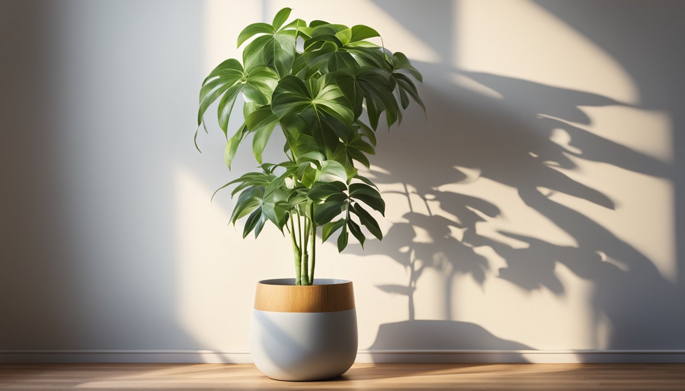 An umbrella plant sits in a decorative pot on a wooden stand near a bright window, casting a shadow on the wall