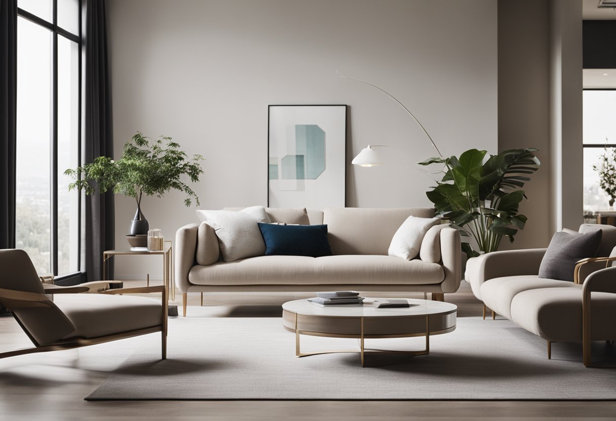 A modern living room with minimalist furniture, clean lines, and neutral colors. A statement piece of art or furniture adds a pop of color and personality to the space