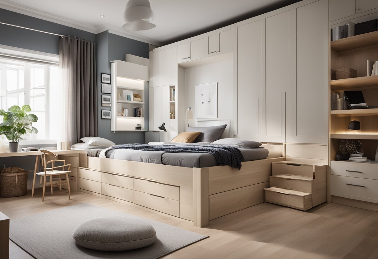A long bedroom with clever storage solutions, like built-in shelves and under-bed drawers. A raised platform bed creates more floor space. Bright, neutral colors make the room feel open and airy