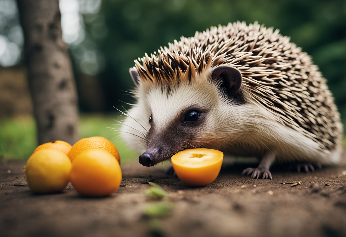 A hedgehog sniffs a pile of fruit, its nose twitching with curiosity