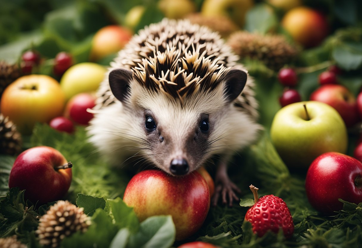 A hedgehog sits surrounded by various fruits, sniffing and nibbling on a piece of apple