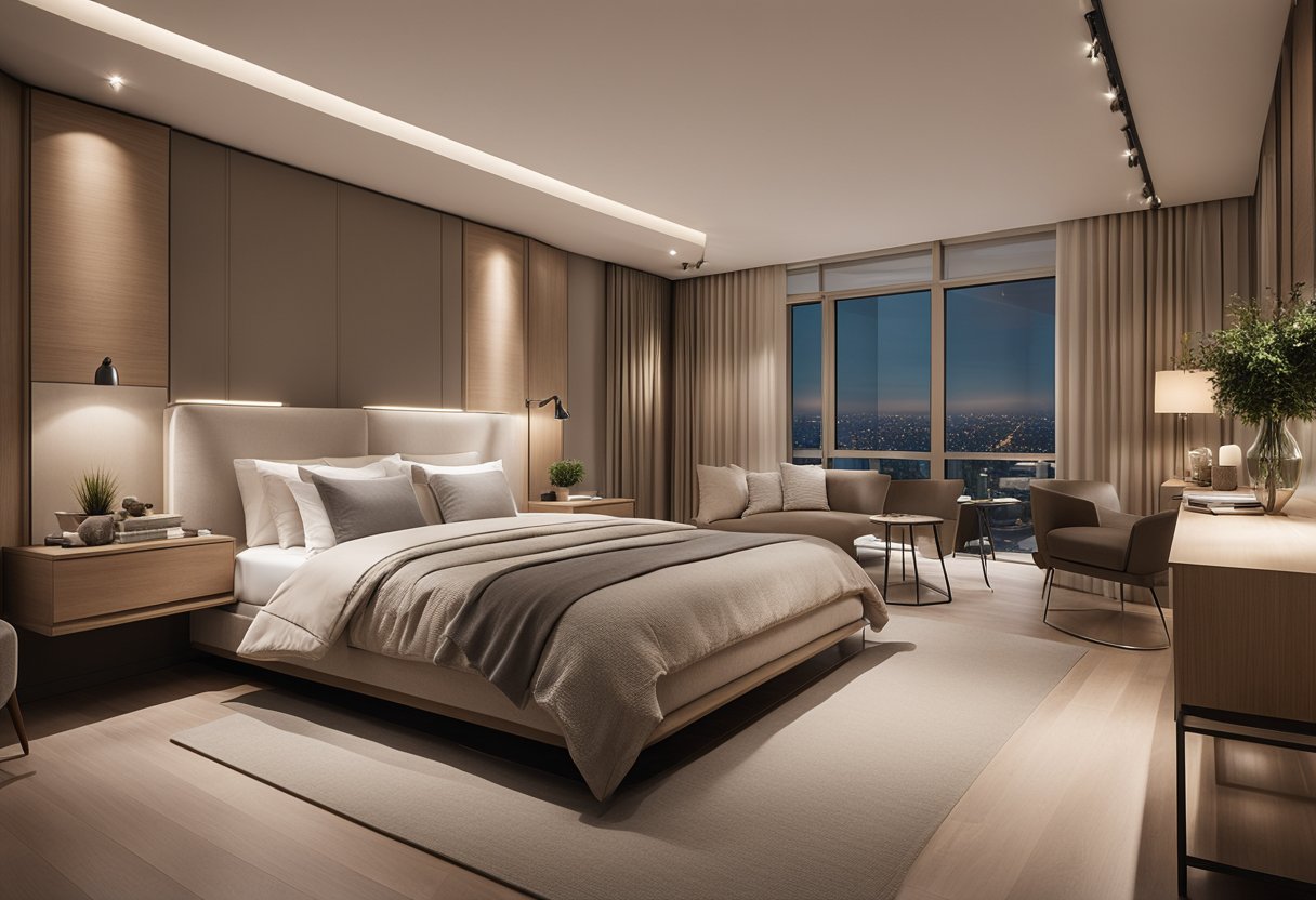 A long, narrow bedroom with cohesive aesthetic. Neutral colors, minimal furniture, and soft lighting create a serene and inviting atmosphere