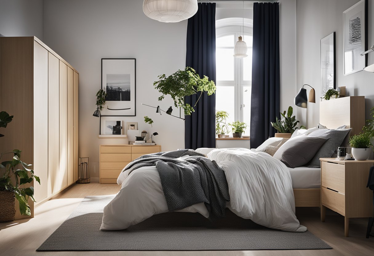 A cozy bedroom with modern furniture from IKEA. A comfortable bed with soft linens, a stylish wardrobe, and a functional desk with a chair. Bright, natural light streaming in through the window