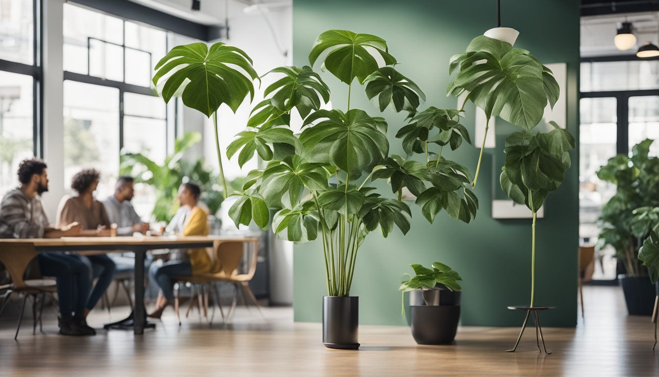 A lush umbrella plant sits in a bright room, surrounded by curious onlookers. Its glossy leaves and tall, sturdy stem make it a standout feature in the space