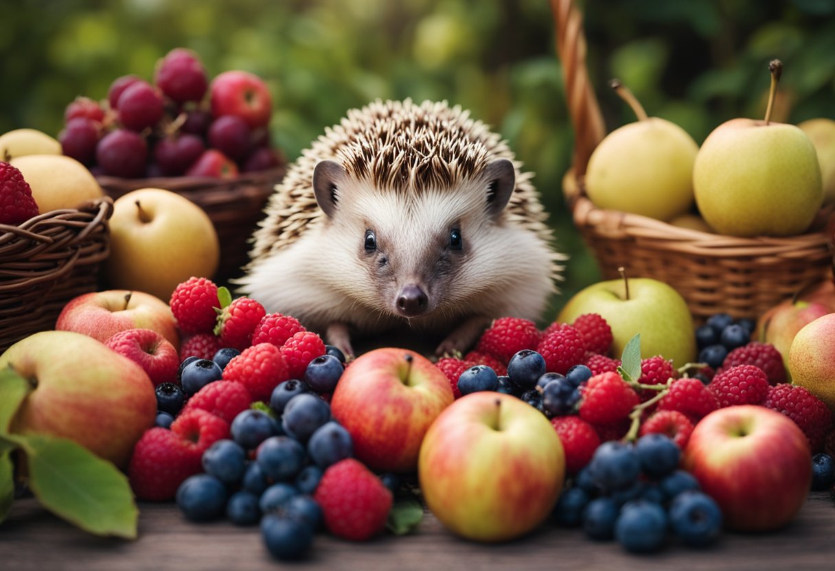 A hedgehog surrounded by a variety of fruits such as apples, pears, and berries, with a cautious yet curious expression as it sniffs and examines each fruit