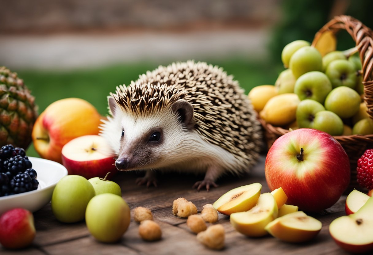 A hedgehog surrounded by various fruits, including apples, bananas, and berries, with a curious expression as it sniffs and nibbles on the different options