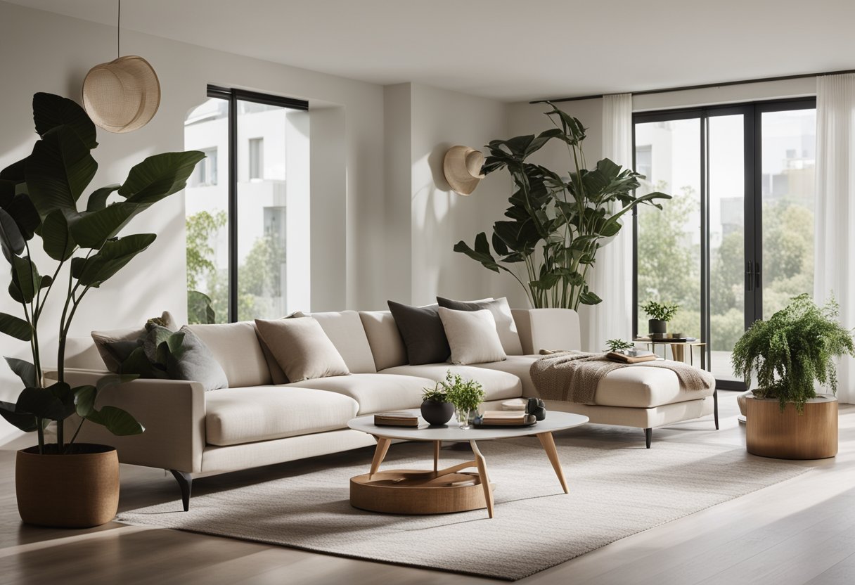 A modern living room with clean lines, minimalist furniture, and neutral colors. Natural light floods the space, highlighting the use of sustainable materials and indoor plants