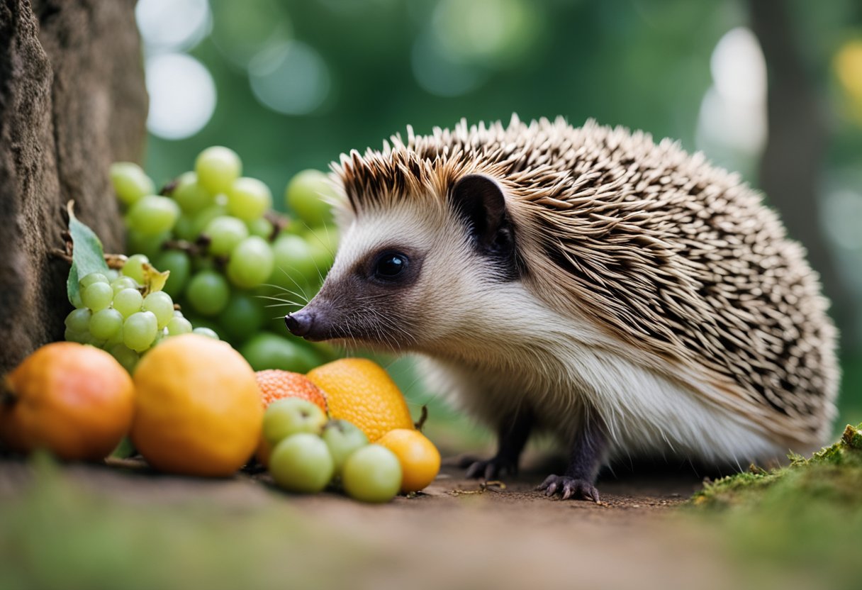 A hedgehog surrounded by a variety of fruits, sniffing and tasting them with curiosity