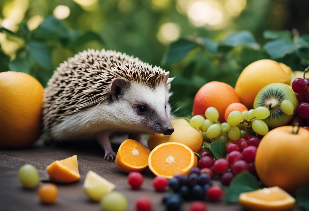 A hedgehog surrounded by various fruits, looking curious and sniffing at them
