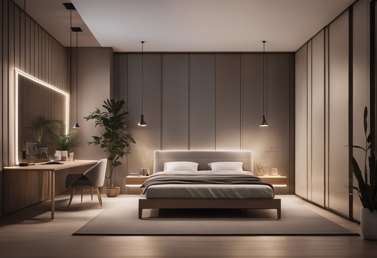 A cozy bedroom with a minimalist design, featuring a neutral color palette, sleek furniture, and soft lighting for a tranquil atmosphere