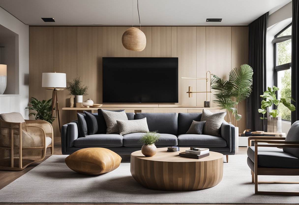 A modern living room with sleek furniture, geometric patterns, and natural materials like wood and stone. A neutral color palette with pops of bold, vibrant hues