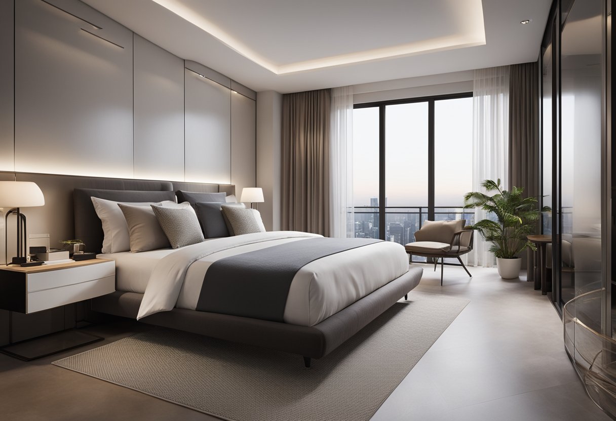 A spacious bedroom with a modern design, featuring a large bed, sleek furniture, and soft lighting. The room is adorned with minimalist decor and has ample space for relaxation and comfort