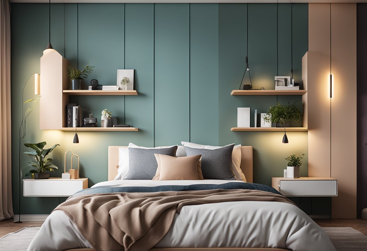 A cozy bedroom with modern furniture, soft lighting, and pops of color. A bookshelf filled with decor and storage solutions. A comfortable bed with stylish bedding and pillows