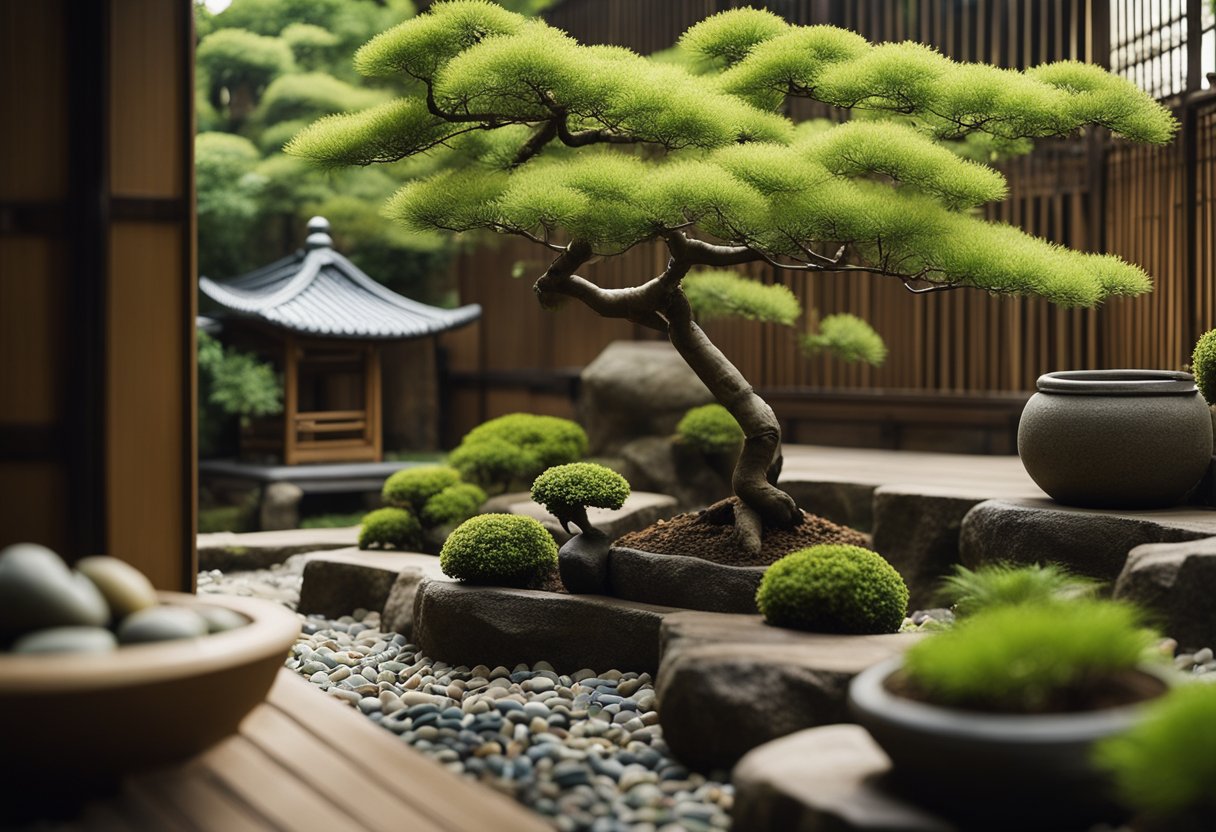 A serene Japanese balcony garden with a small stone pathway, bamboo fence, and carefully arranged bonsai trees and pebbles