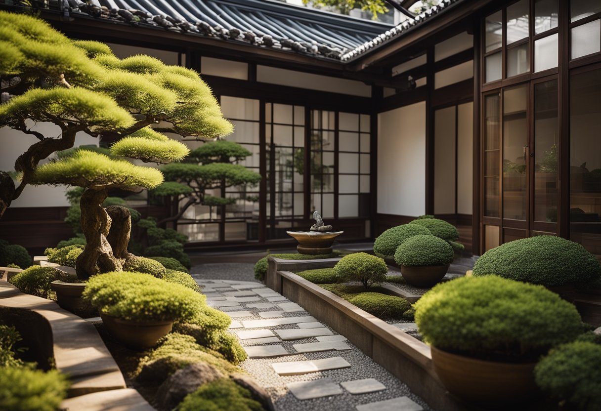 A serene Japanese balcony garden with a wooden pergola, stone pathway, bonsai trees, and a small water feature