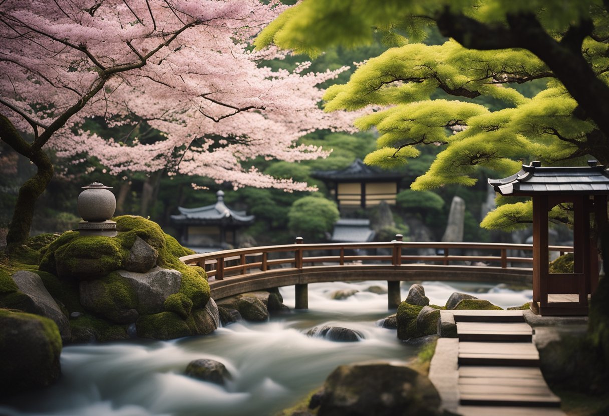 A peaceful Japanese balcony garden with a flowing stream, stone lantern, and blooming cherry blossom tree