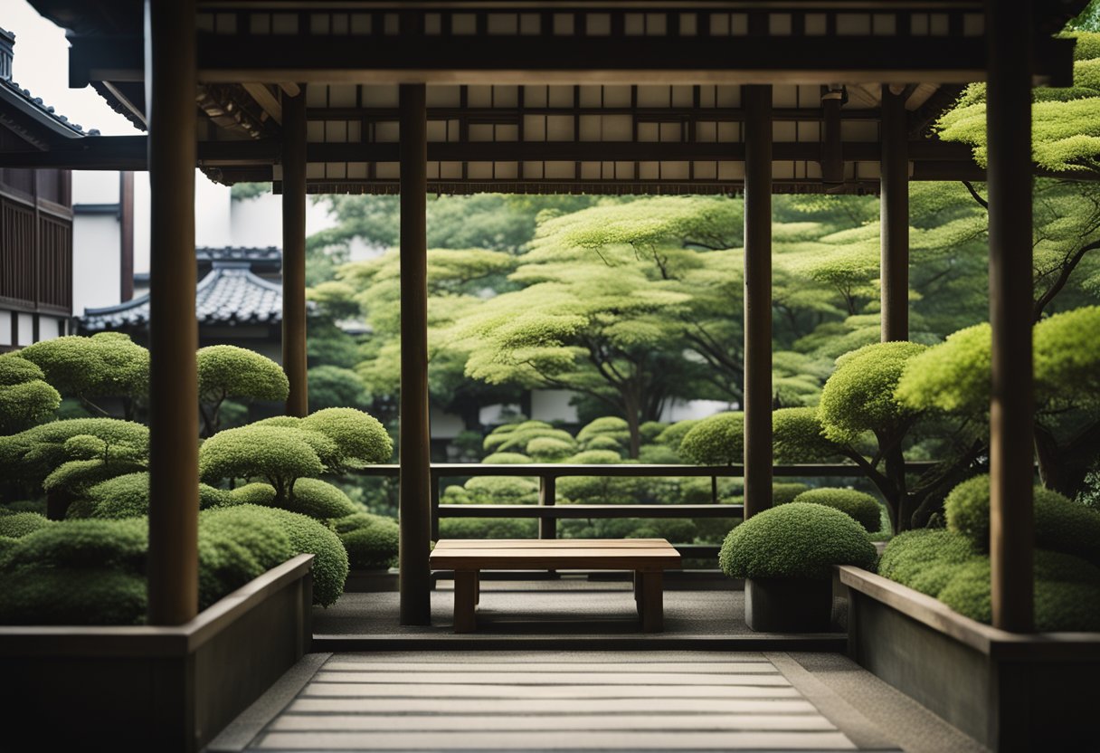 A tranquil Japanese balcony garden with lush greenery, a small stone pathway, and a traditional wooden bench for contemplation