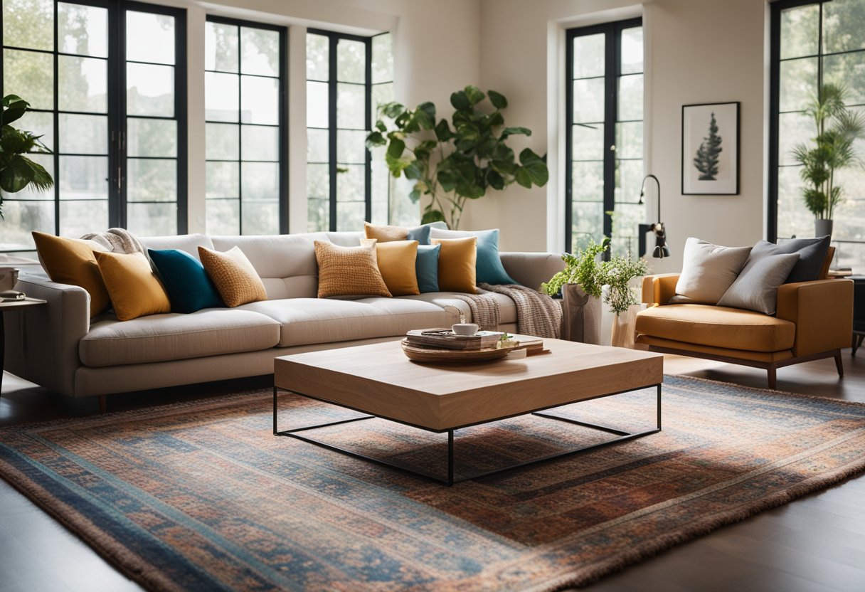 A cozy living room with a large, plush sofa, a well-designed coffee table, and soft, ambient lighting. A colorful rug ties the room together, and large windows let in natural light