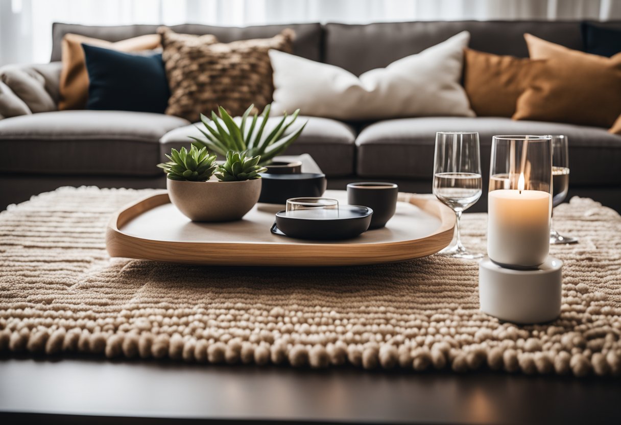 A cozy living room with elegant decor, plush throw pillows, a stylish area rug, and a chic coffee table adorned with decorative accessories