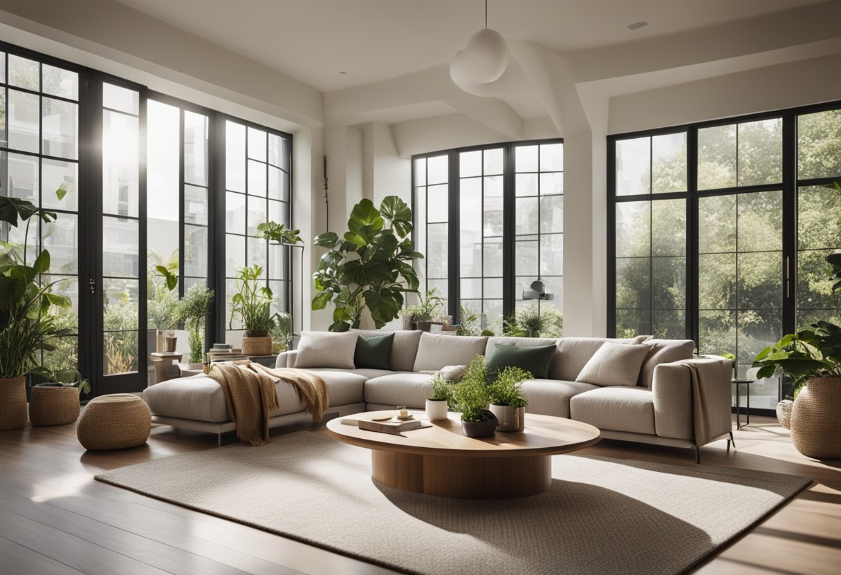 A spacious, well-lit living room with modern furniture, cozy seating, and stylish decor. Large windows let in natural light, and plants add a touch of greenery