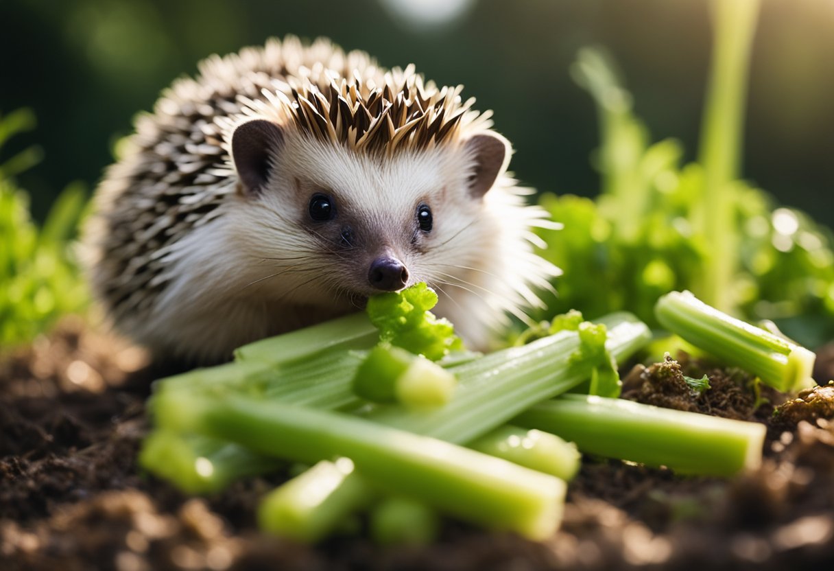 A hedgehog nibbles on a stalk of celery, its small paws holding the green vegetable as it takes a bite