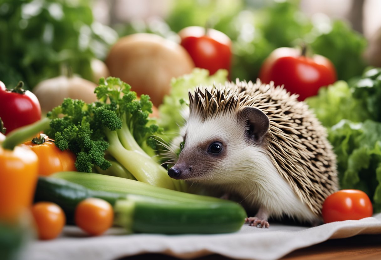 A hedgehog stands near a pile of vegetables, with a piece of celery in its mouth