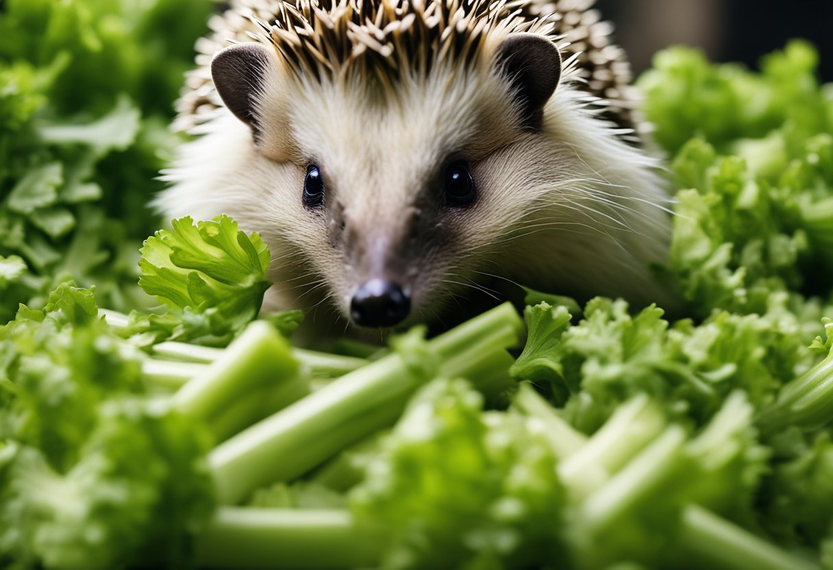 A hedgehog nibbles on celery, surrounded by scattered celery leaves