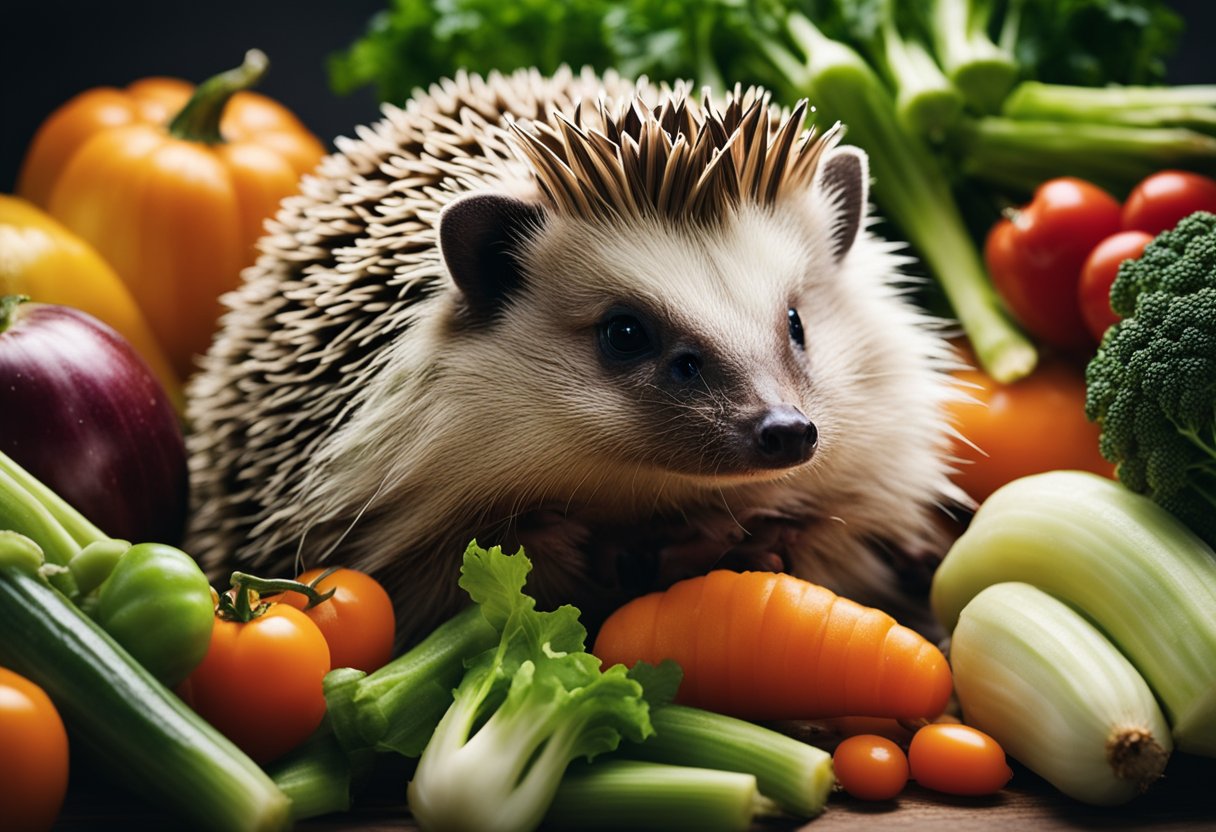 A hedgehog surrounded by various vegetables, including celery
