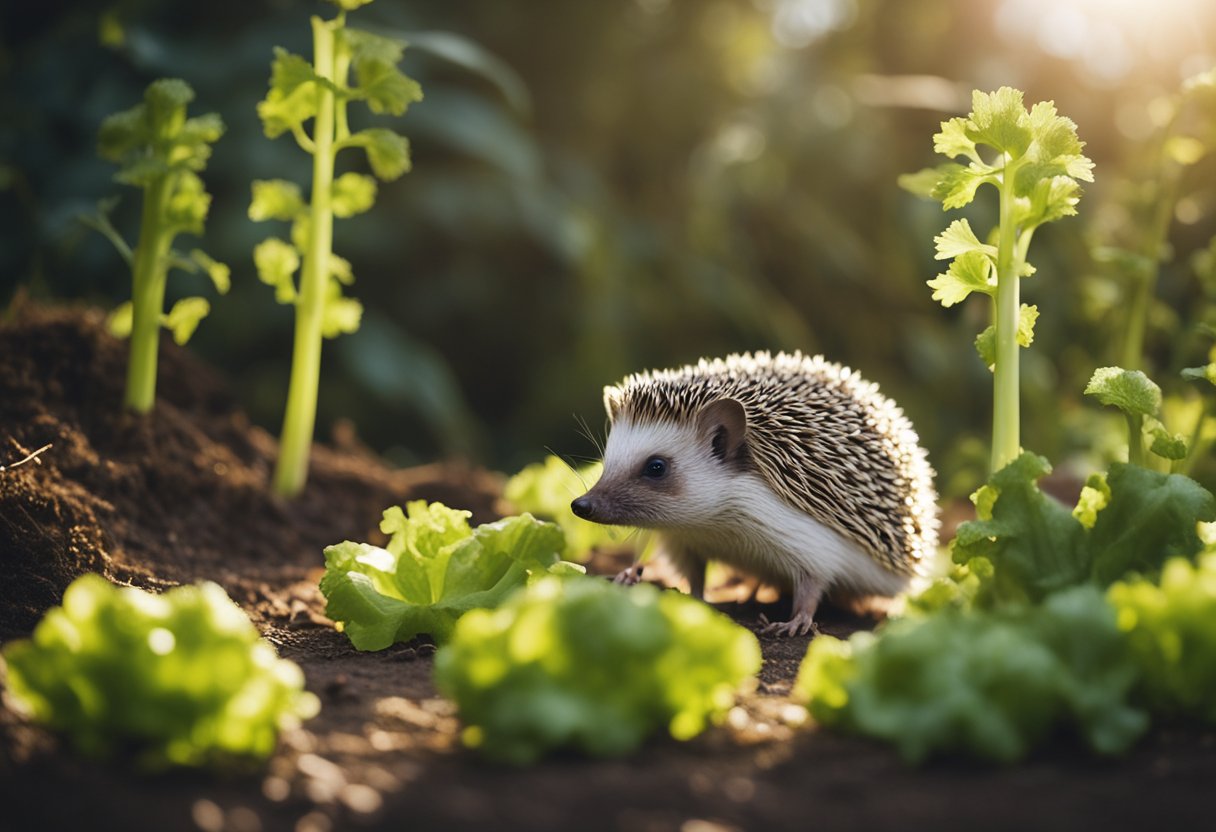 A hedgehog cautiously sniffs a piece of celery, then takes a small nibble before looking up with curiosity