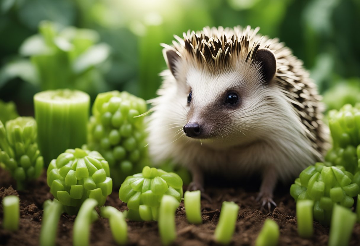 A hedgehog surrounded by celery, with a question mark above its head