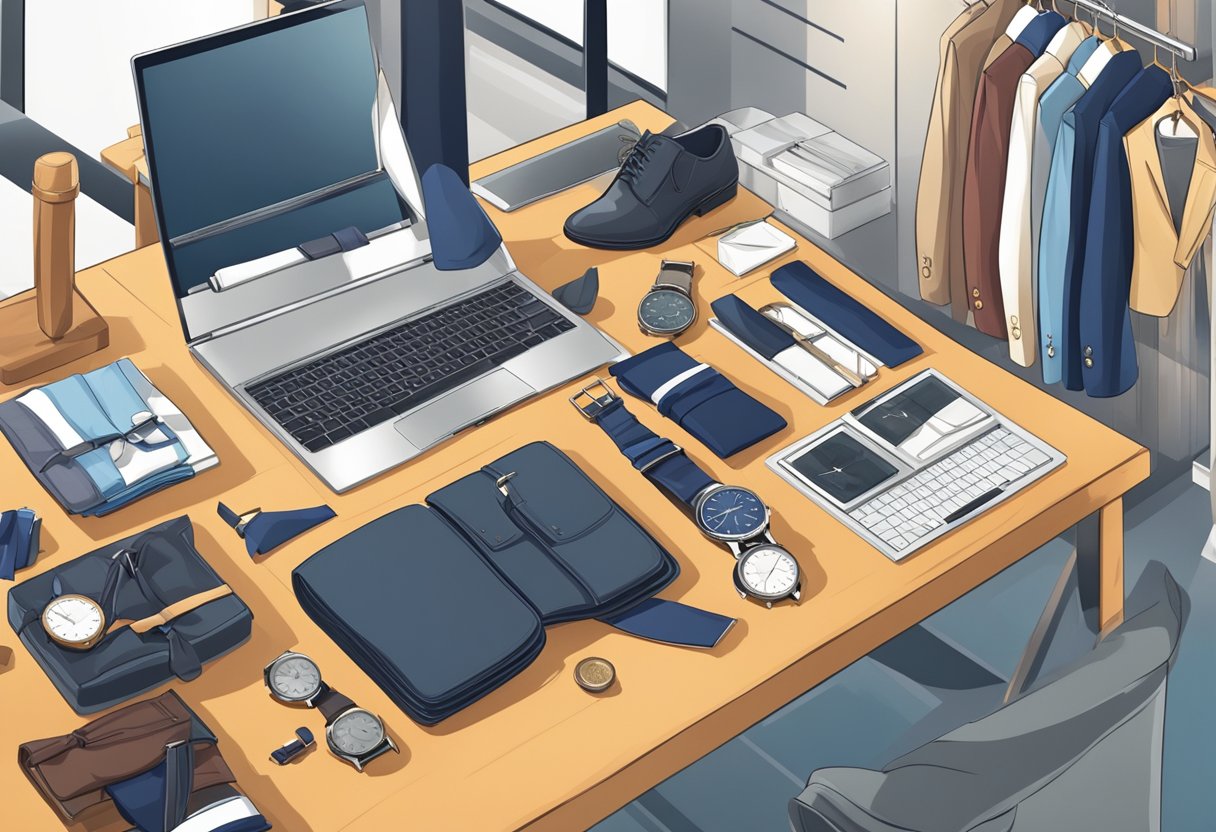 A table with a neatly arranged selection of ties, watches, and grooming products. A laptop and a professional outfit hanging on a rack in the background