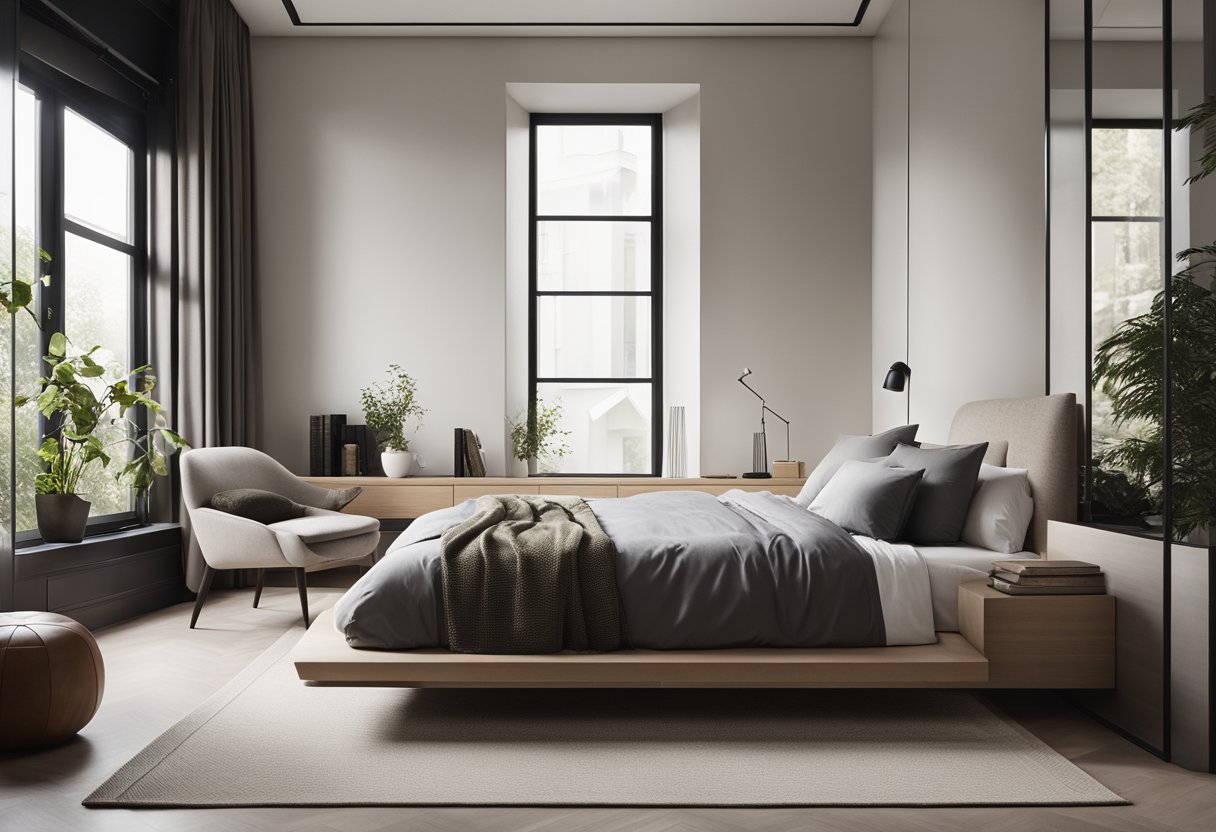 A modern, minimalist male bedroom with a sleek platform bed, clean lines, and a neutral color palette. A large window lets in natural light, and a cozy reading nook is tucked in the corner