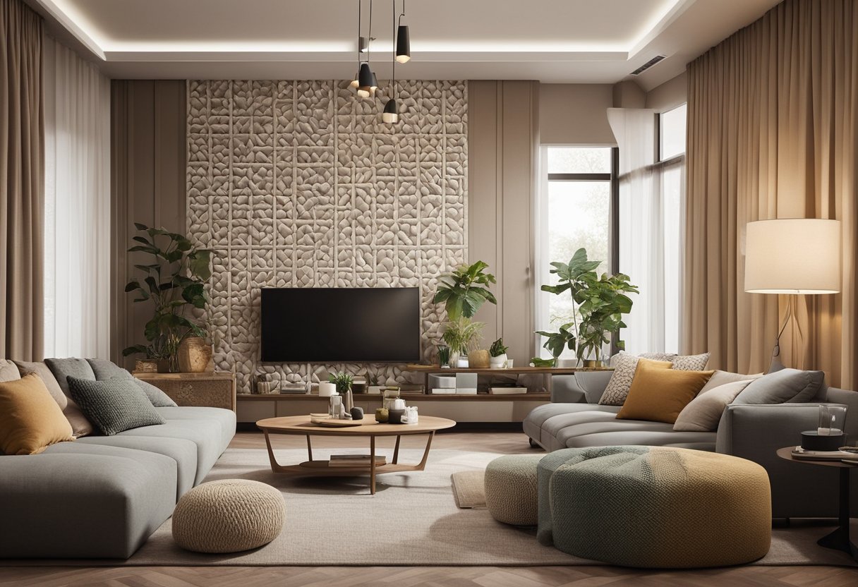 A cozy living room with textured paint designs on the walls, featuring a mix of geometric patterns and organic shapes in a warm color palette