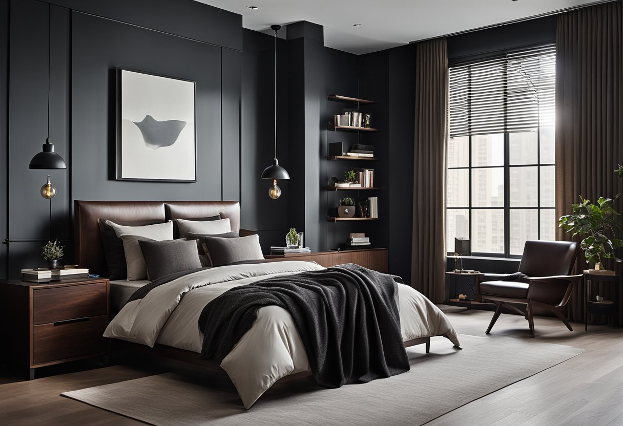 A sleek, modern bedroom with dark wood furniture, a leather armchair, and a minimalist color palette. The room exudes masculinity with clean lines and subtle industrial accents