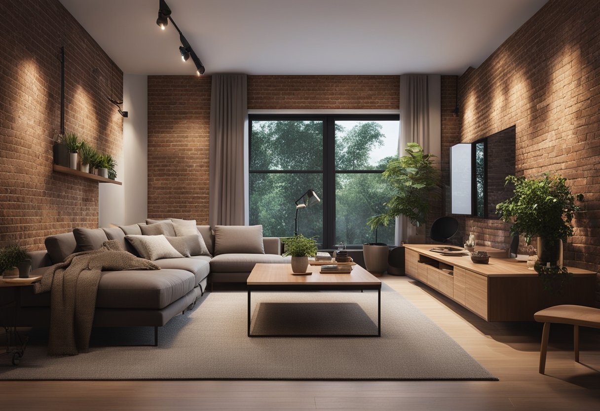 A spacious living room with a brick wall design, cozy furniture, and warm lighting
